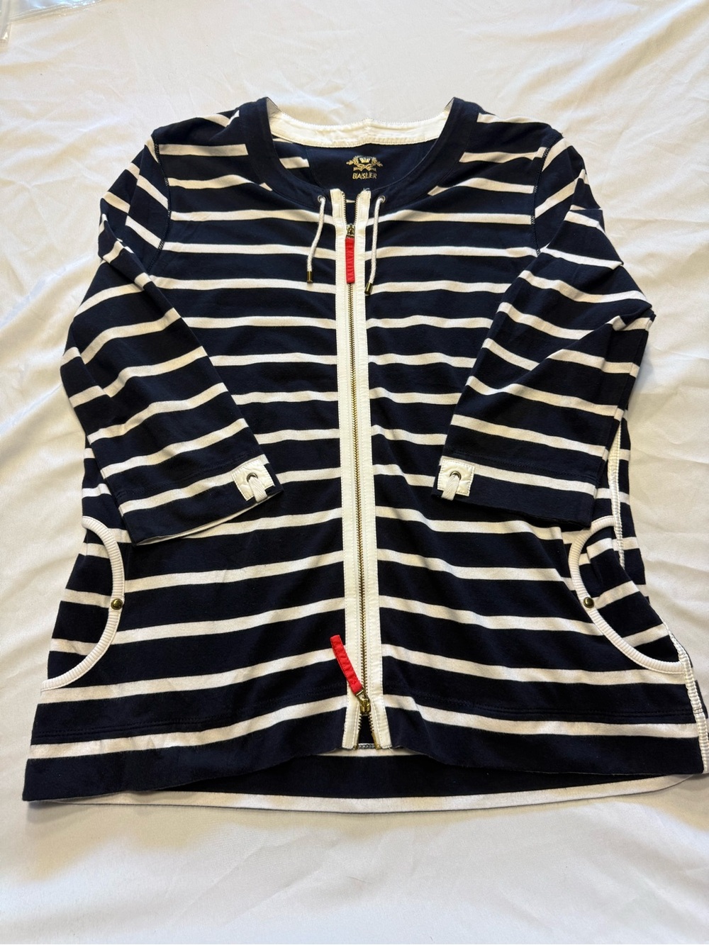 Basler Navy White Striped Zip Up Jacket 3/4 Sleeve Nautical Style
